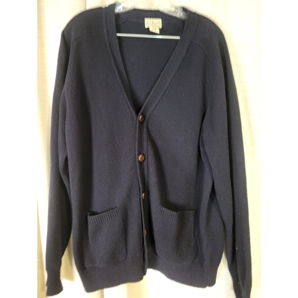 LL Bean Mens Navy Blue 100% Lambs Wool Cardigan Sweater Size M Grandpa Cozy